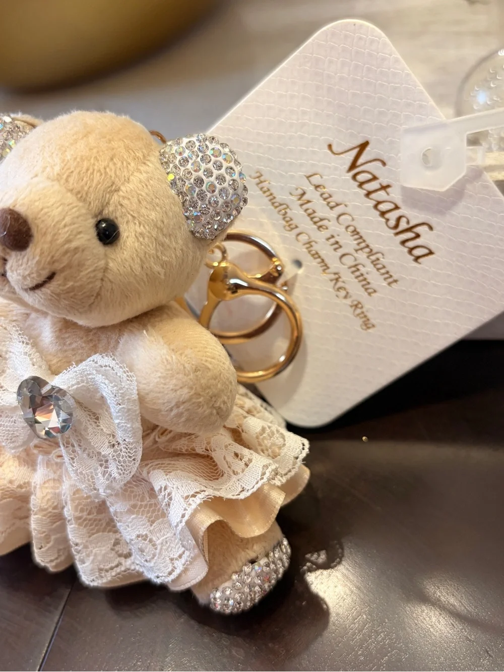 Natasha Couture Cream Teddy Keychain with Crystal Accents